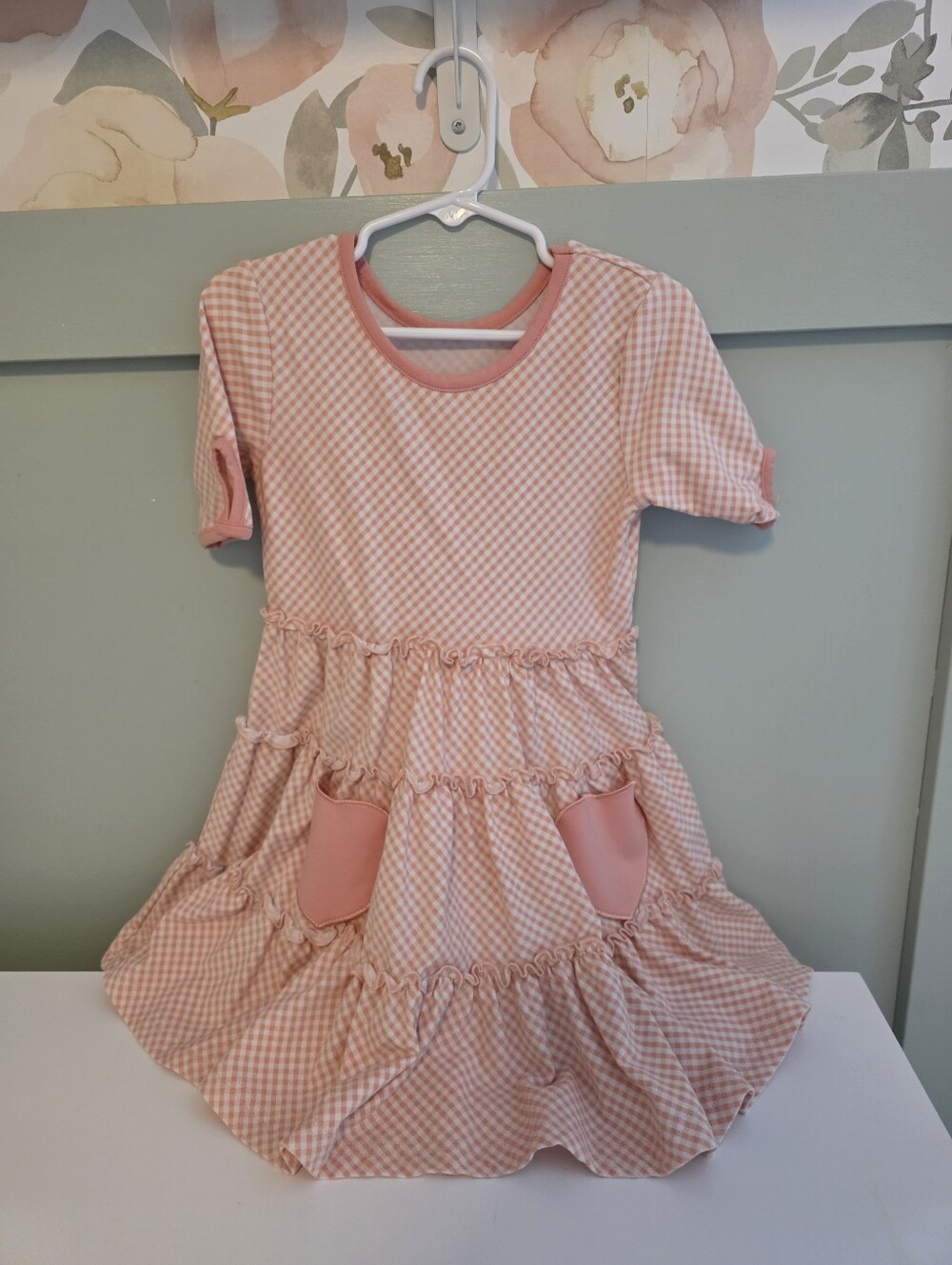 Serendipity Pink Gingham Style Print Small 4t 5t 4-5 Ruffle Pocket Dress Smocked